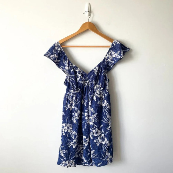 American Eagle  Hawaiian Cut Out Back Crinkle Mini Dress NWT Blue Sz Medium - Picture 1 of 7
